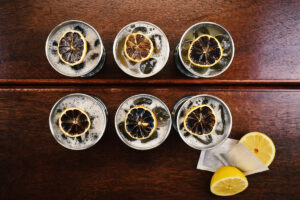 A tray of Whisky Iced Tea Collins for an online cocktail masterclass