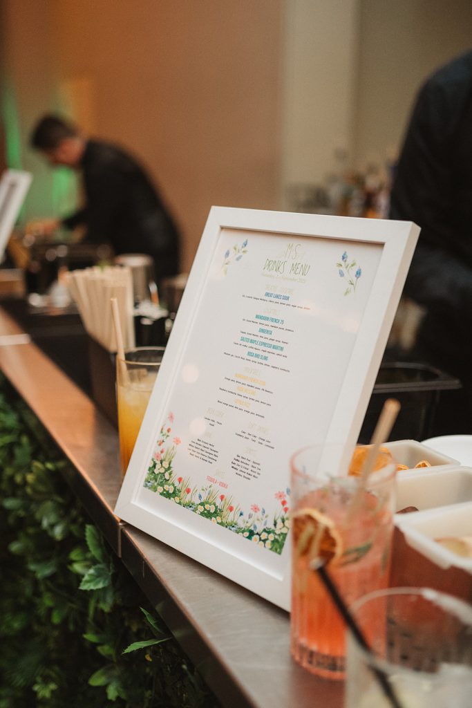 cocktail menu at nature themed wedding